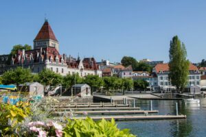 Lausanne waterfront in Ouchy with historic buildings overlooking Lake Geneva